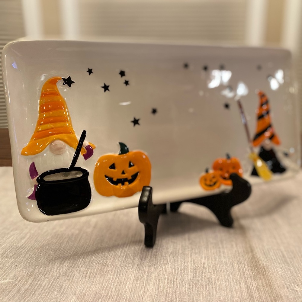 Halloween Gnome Platter, Witch Gnomes Jack-O-Lanterns Cauldrens Ceramic Platter - Picture 4 of 13